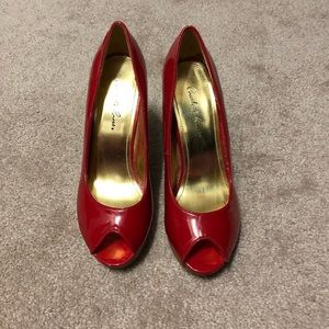 Patent cherry red peep toe platform heel